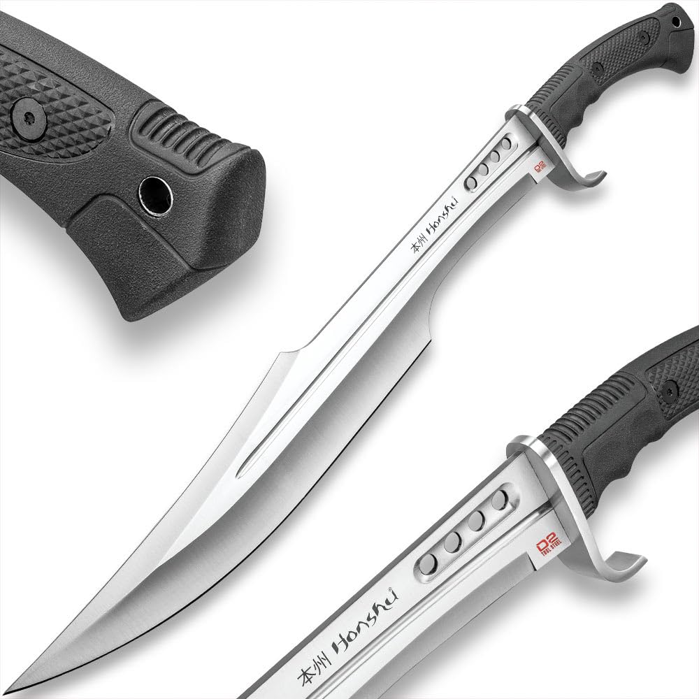 Honshu Spartan Sword and Scabbard - D2 | Battle Ready Full Tang | Tough D2 Steel Blade - 16.5” Length | Real Swords for Adults | Self Defense Weapons | Tactical Sword - 23” Overall