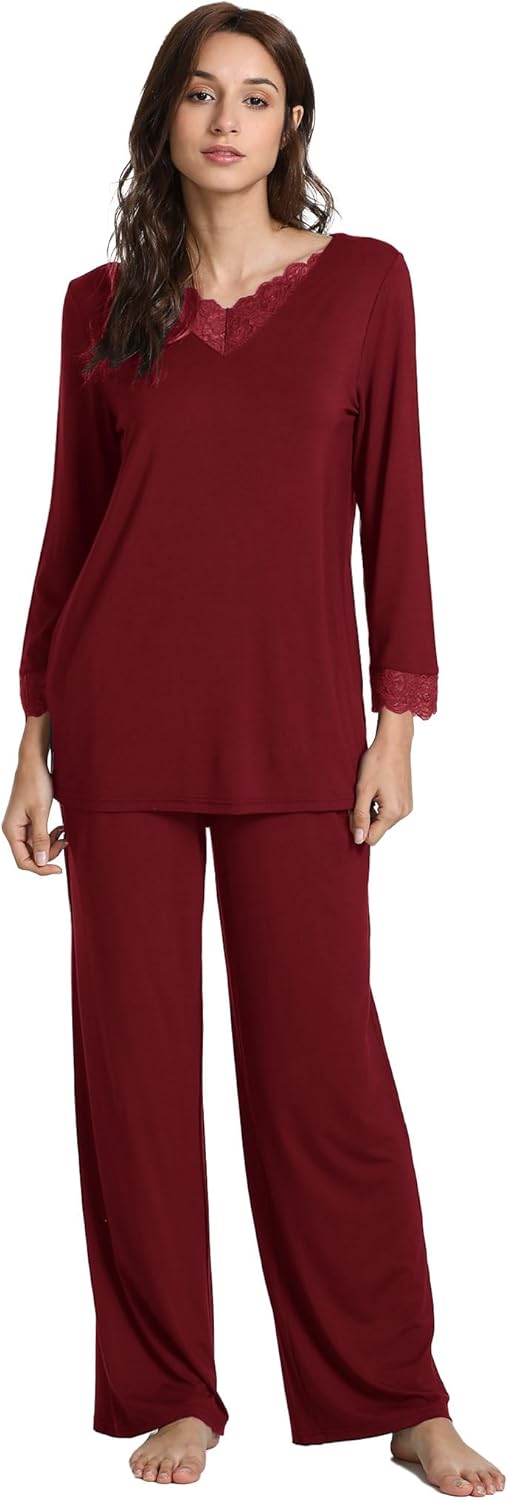 GYS Women's Pajama Sets Viscose from Bamboo Lace Trim Long Sleeve Sleepwear Soft Pjs Lounge Sets with Pockets