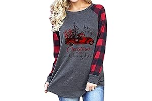 Christmas Red Truck Snowman Plaid Splicing Tops