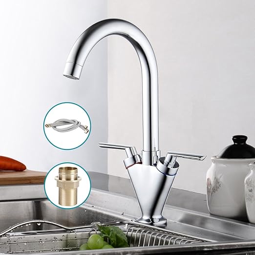 Amazon Super Junior キッチン用水栓金具 シングルレバー混合水栓 水道蛇口 2ハンドル オシャレ シンク用 取り付けホース２本付き クロム キッチン用水栓