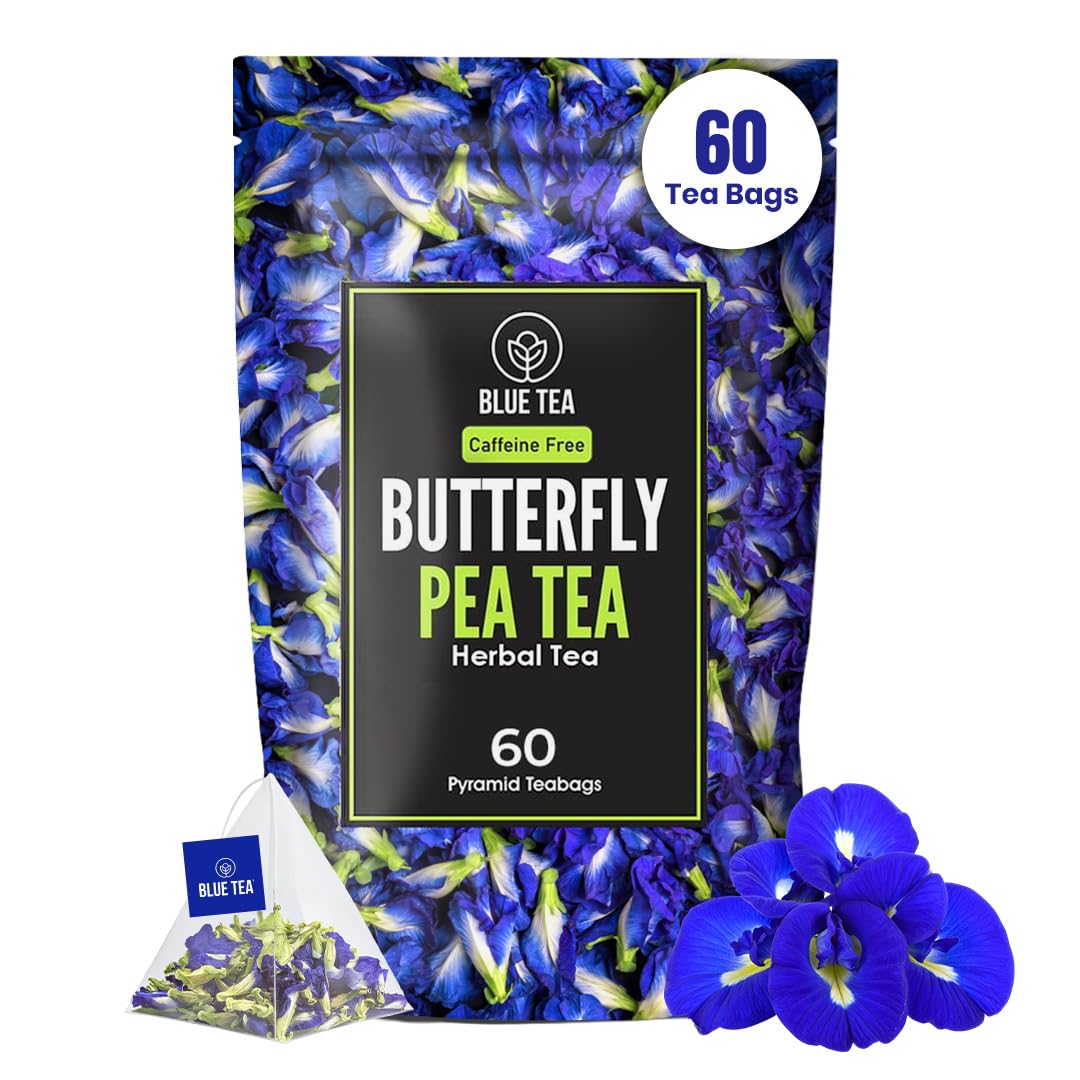 BLUE TEA - Butterfly Pea Flower Tea - 60 Tea Bags - Plant Based | ANTIOXIDANT RICH | Aparajita - Shankhpushpi | Caffeine Free - Detox Tea - Flower Based - Herbal Tea | Non - GMO | Zipper