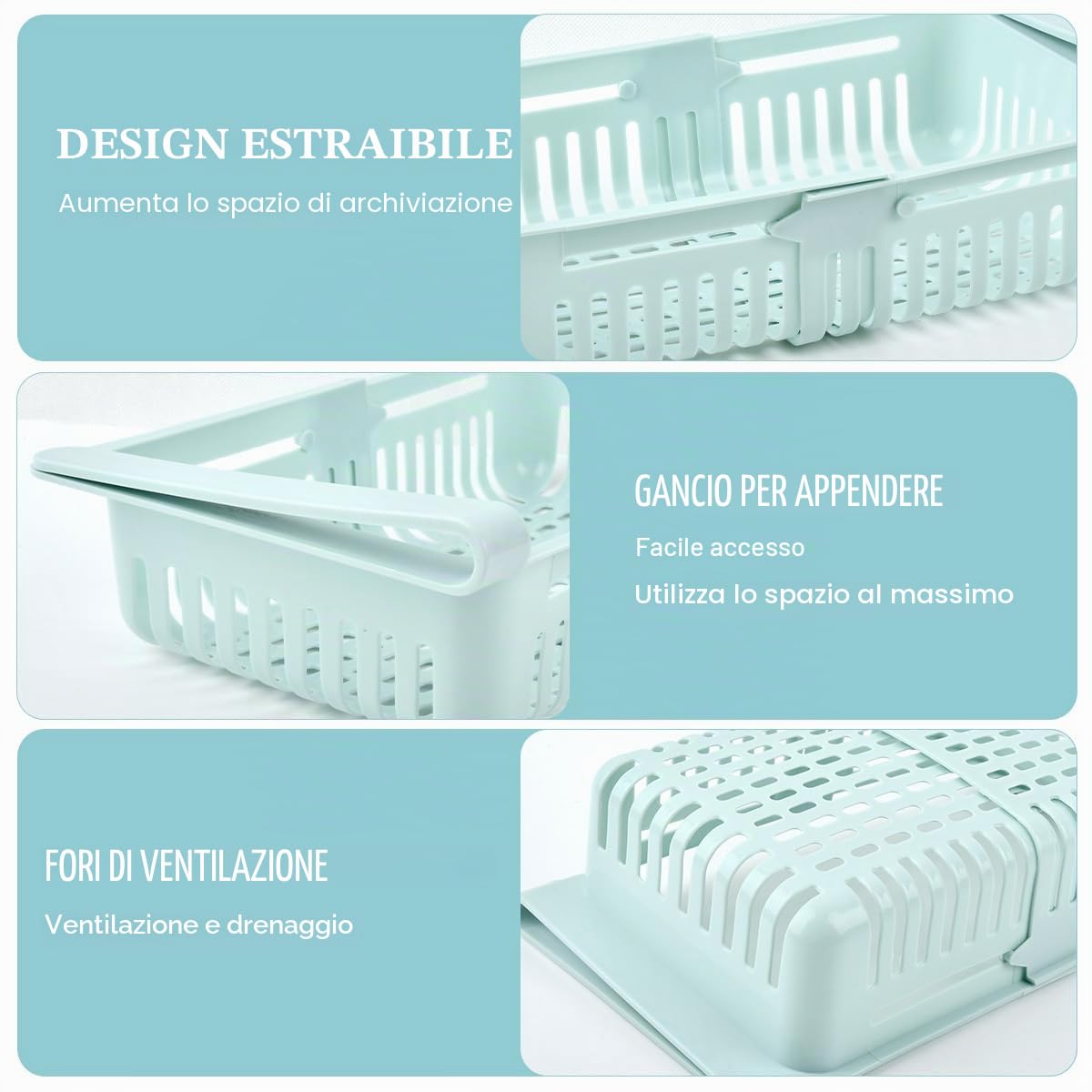 BUYGOO Cassetti Frigo per Frigoriferi 4PZ Contenitori Frigorifero Salvaspazio Set Organizer Estensibile per Frigorifero Ripiano Regolabile Cassetto Frigorifero Estraibile Cestini per Frigorifero