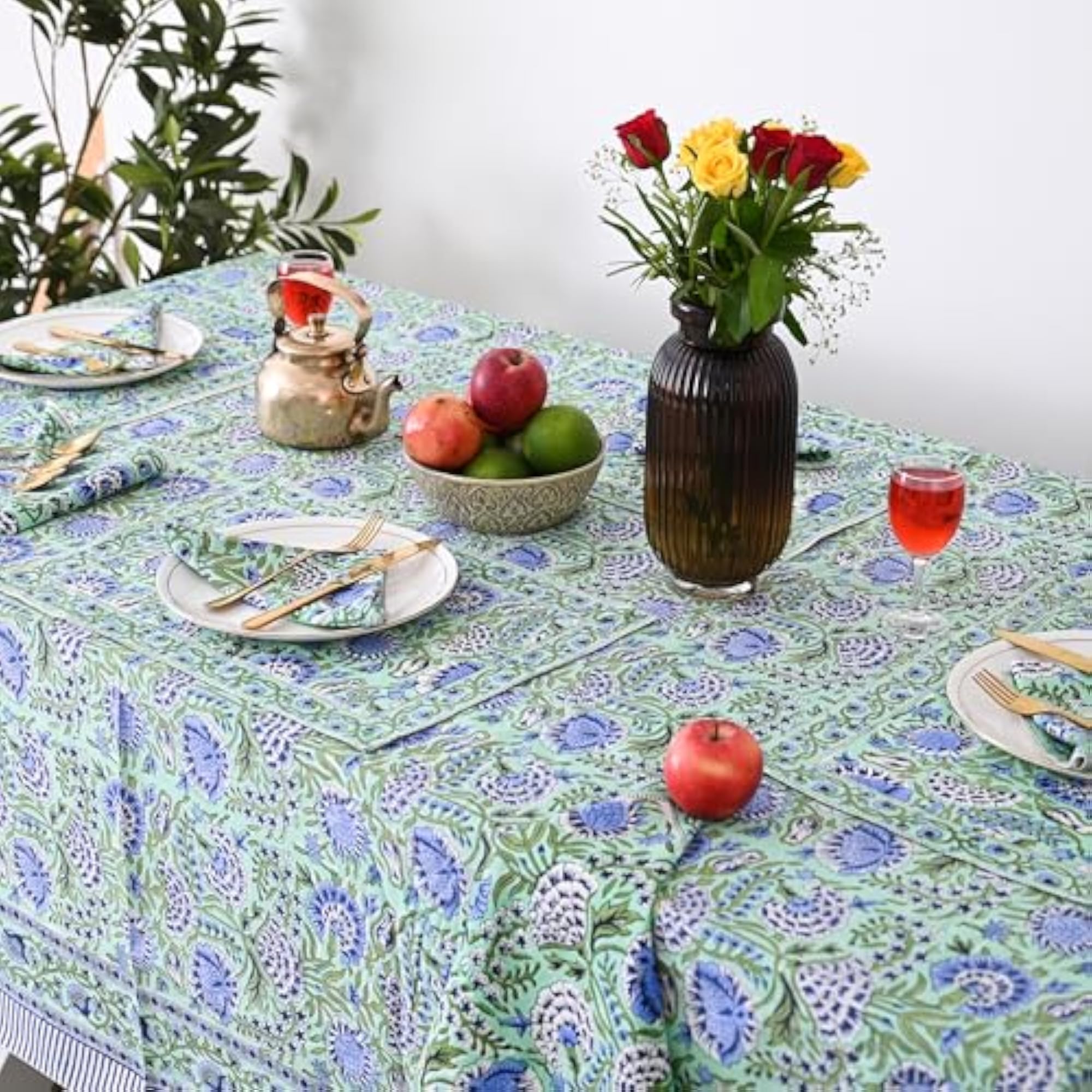 Hand Block Printed Cotton Table Cloth with Matching Napkins