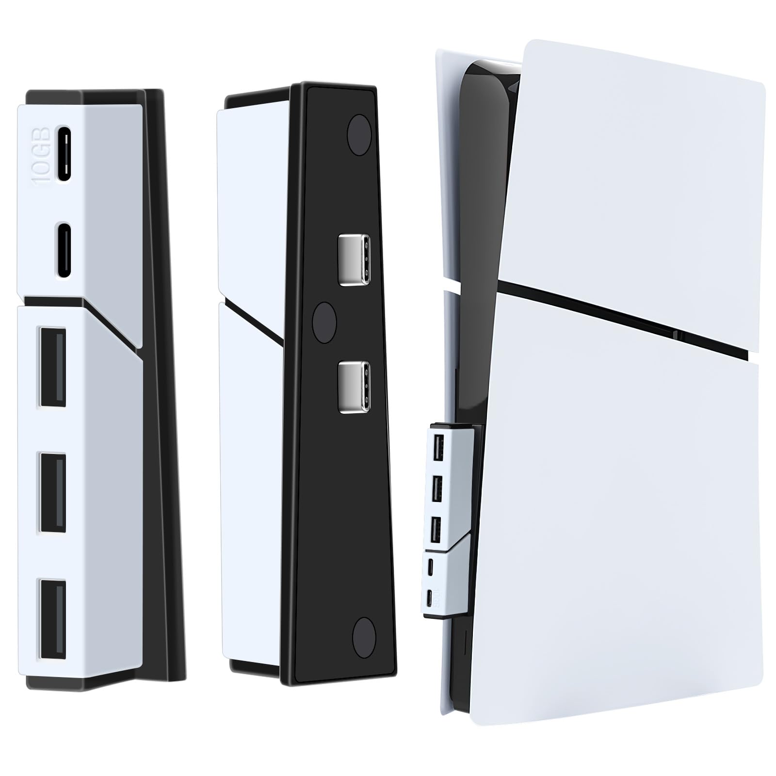 Borcham 5 Ports USB Hub for PS5 Slim Disc ＆ Digital, High-Speed Extender Port, 2 Type C 3.0 + 3 USB 3.0, White