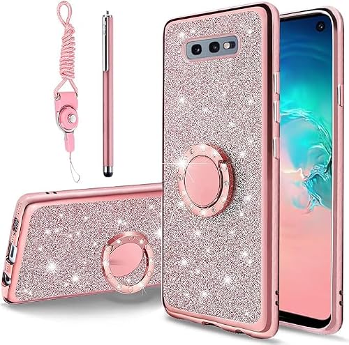B-wishy for Samsung Galaxy S10e Glitter Crystal Butterfly Heart Floral Slim TPU Luxury Bling Cute Protective Cover with Kickstand+Strap for Samsung Galaxy S10e(Glitter Pink)