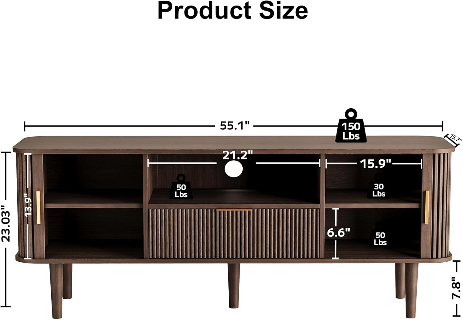 Fluted TV Stand for TVs Up to 60 Inch, 55" Mid-Century Entertainment Center with Sliding Doors&Drawer, Modern Media Console for Living Room, Walnut (55.1" L*15.7*W*23" H)