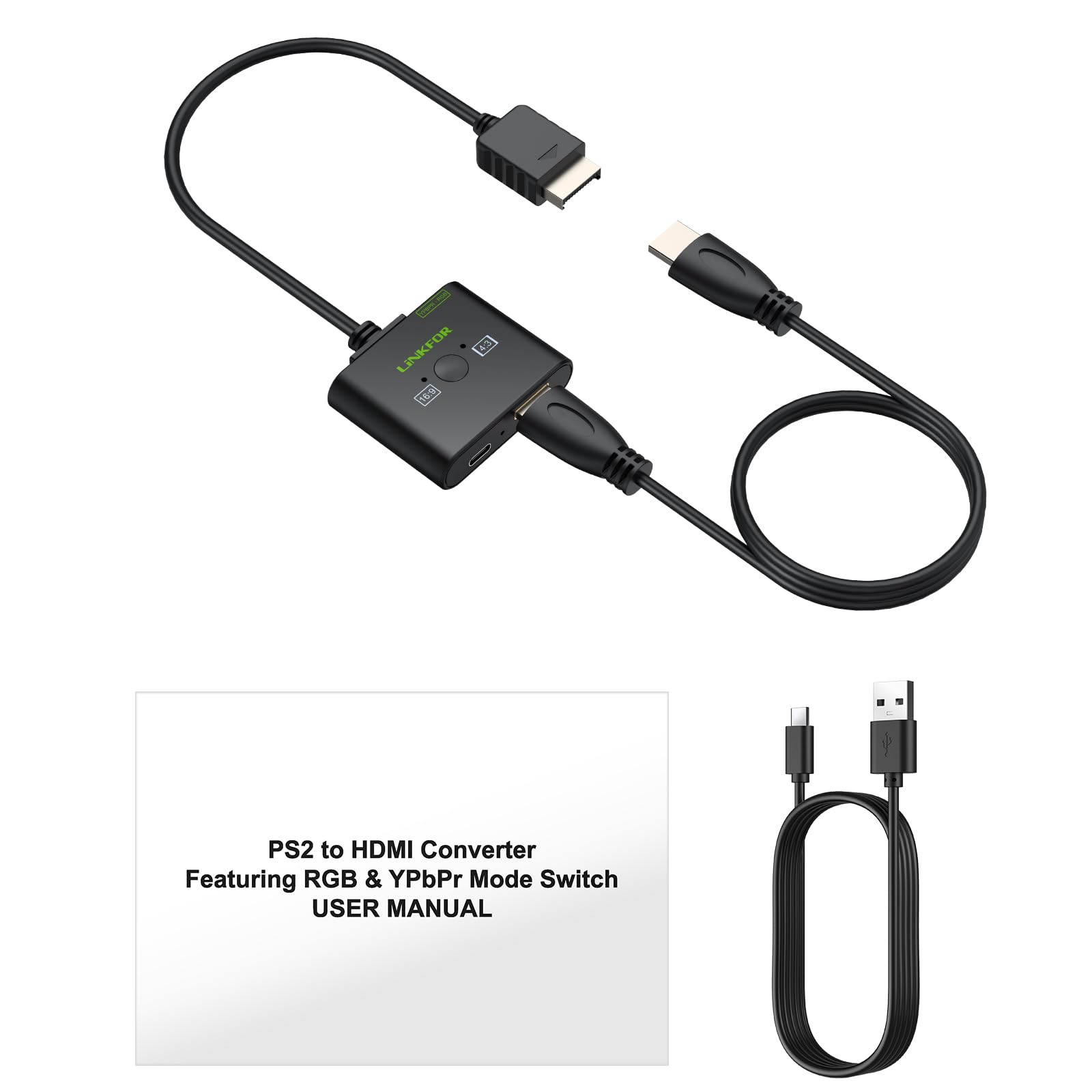 LiNLFOR Convertitore da PS2 a HDMI con Switch RGB/YPbPr e 4:3/16:9, Adattatore da PS2 a HDMI 1080P HD con Cavo PS2 30cm e HDMI 1m Plug e Play Compatibile con Tutti i Modelli PS2 (Fat/Slim)