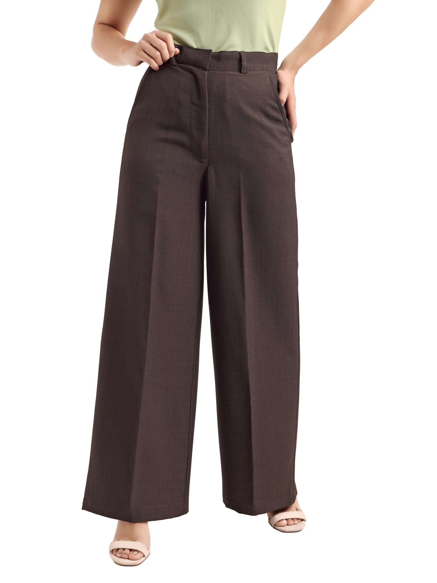 Women's Comfort Brown Relaxed Fit Below Knee Flat-Front High Rise Solid Formal Trouser-image-32