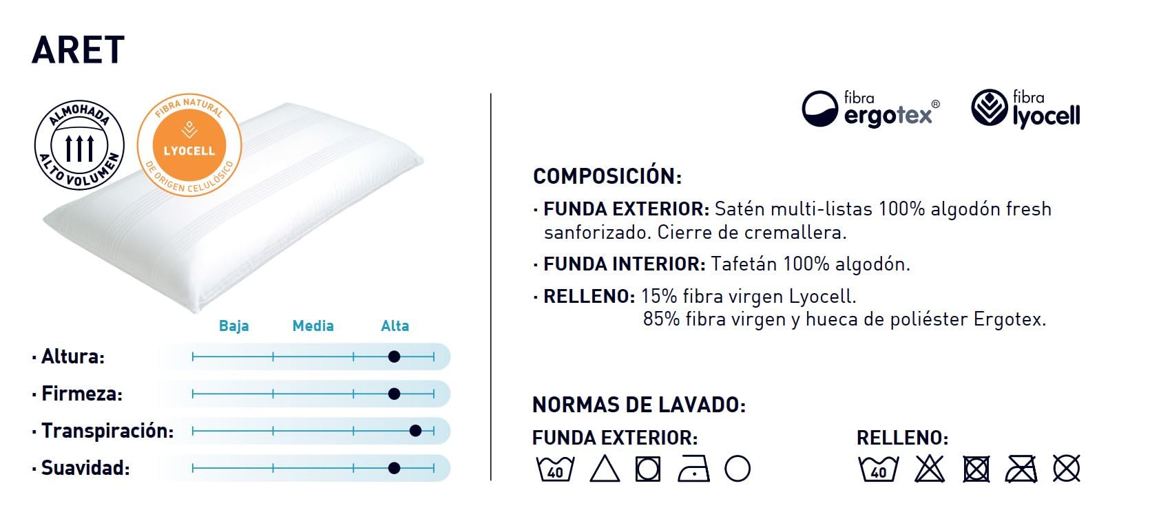 Moshy Almohada Alta Aret, Relleno Ergotex y Lyocell, Doble Funda 100% Algodón, Firmeza Media-Alta (50x70 cm)