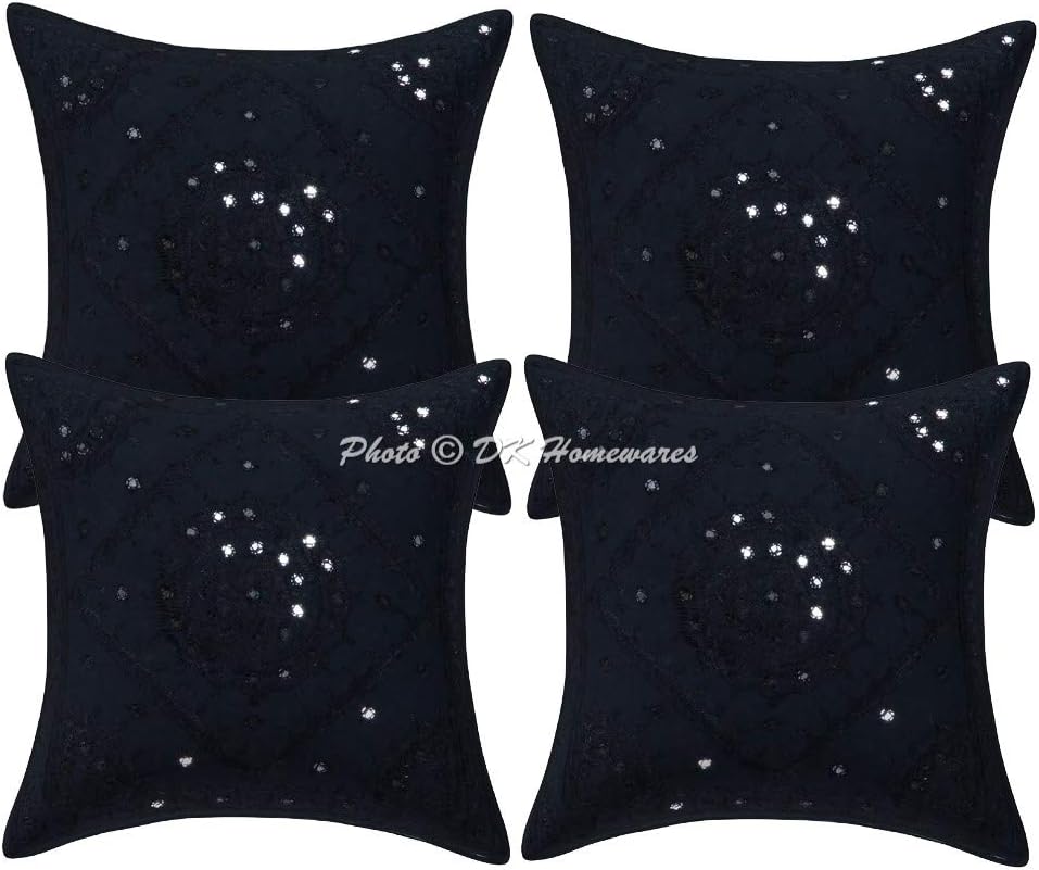 Ethnic Decorative Couch Throw Pillow Covers 16 x 16 Inch Cotton Embroidered Mirrored Boho Square Toss Cushion Covers (Size - 40x40 cm ; Color: Dark Blue) - Set of 4 Pcs (Cover Only)