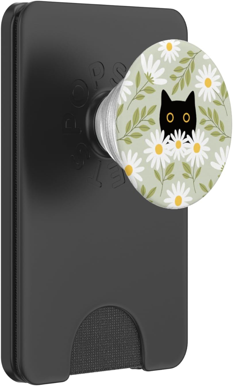 Cute Daisy Flower Floral Black Cat Sage Green Women Girls PopSockets PopWallet for MagSafe