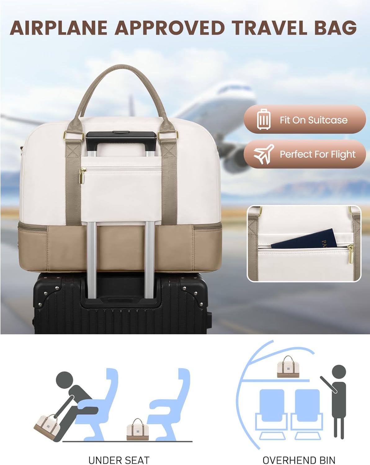 Weekender Travel Duffle Bag for Women: Overnight Bags with Shoe Compartment Carry on Bags for Airplanes with Toiletry Bag Yoga Gym Bag with Wet Pocket Travel Duffel Tote Bag Hospital Bag Khaki Beige - Image 5