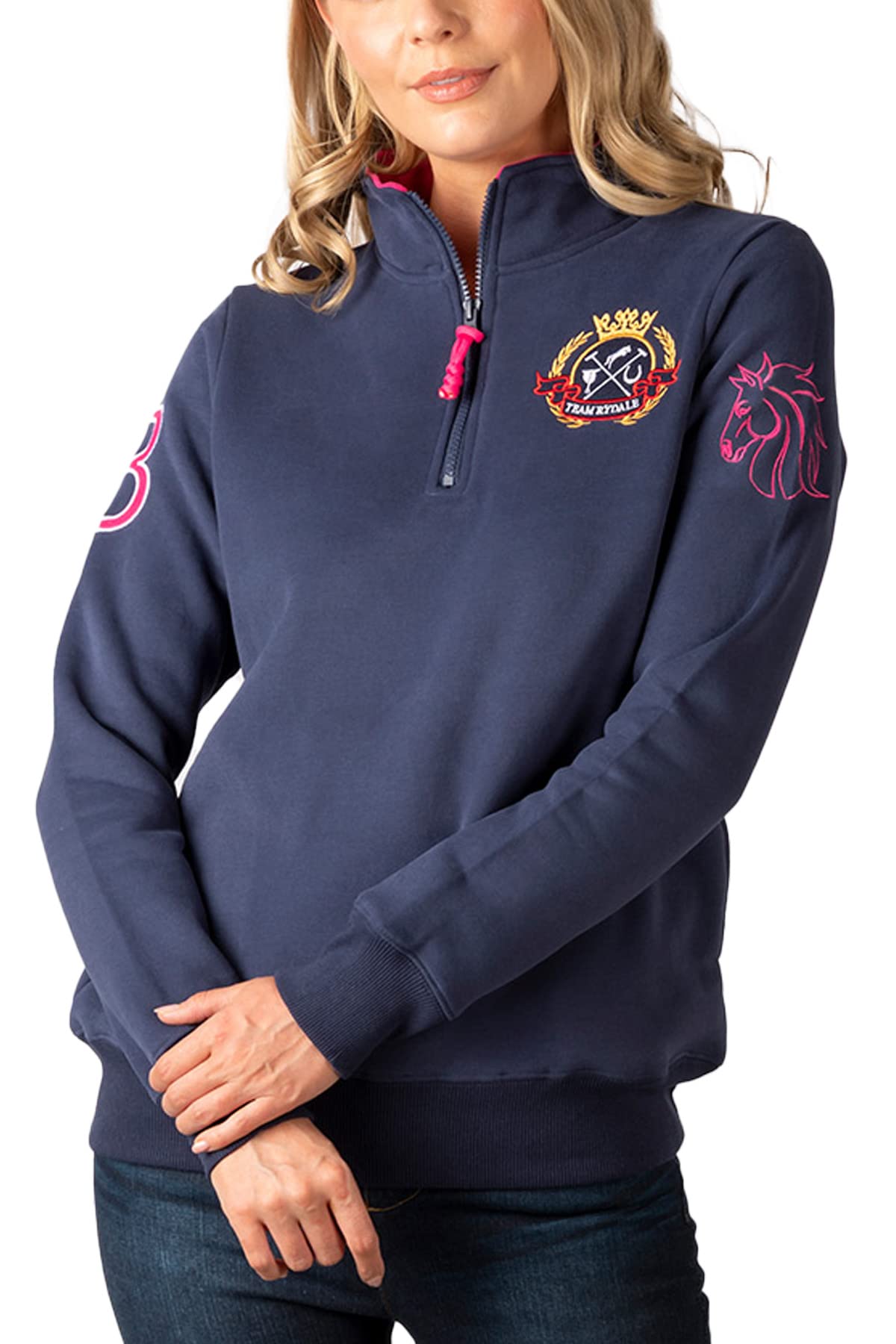 Rydale Ladies Overhead Sweatshirt Women's Sweatshirts Jumper Pull On Sweater Quarter Zip Top (as8, numeric, numeric_14, regular, regular, Emblem Navy/Bonbon)