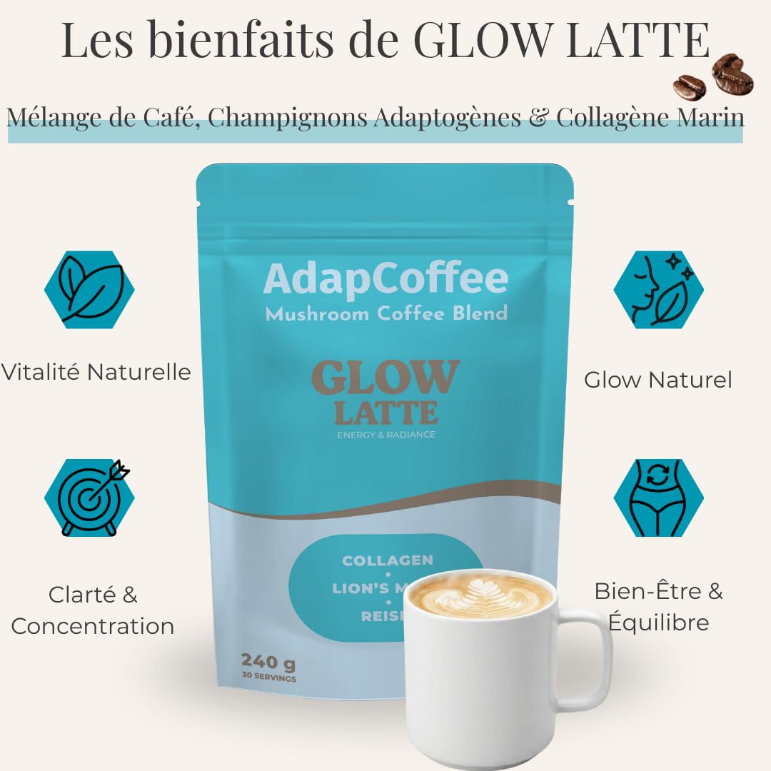 Glow Latte – Café Latte Instantané aux champignons adaptogènes & Collagène Marin - Lion’s Mane & Reishi – Focus, Vitalité & Bien-être - Crémeux & Gourmand - Sans Sucre Ajouté – 30 Tasses – ADAPCOFFEE