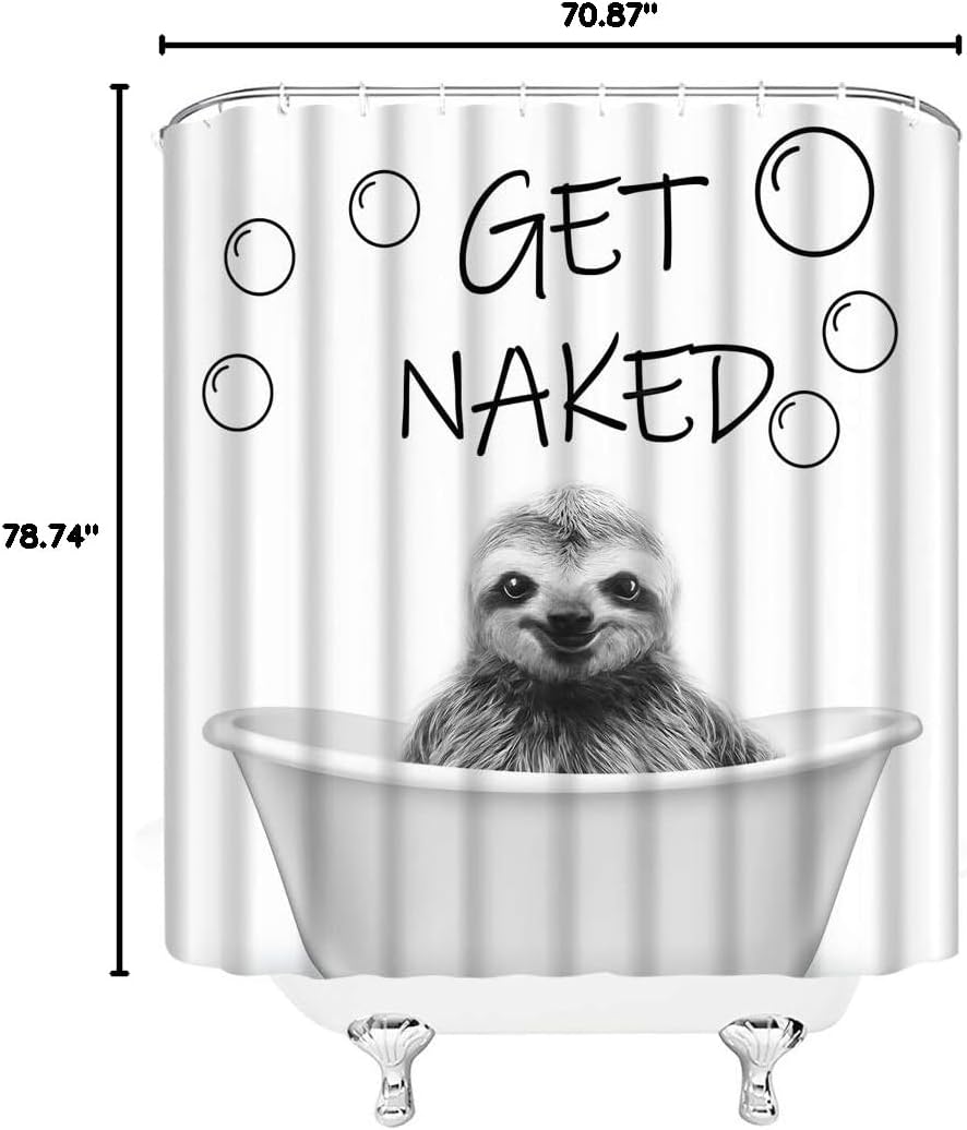 Sunhe Sloth Shower Curtain Black and White Sloth Portrait Funny Quote Get Naked Funny Animal in Bathtub Sketch Pattern Cute Art Print for Kids Fabric Bathroom Decor Sets with Hooks