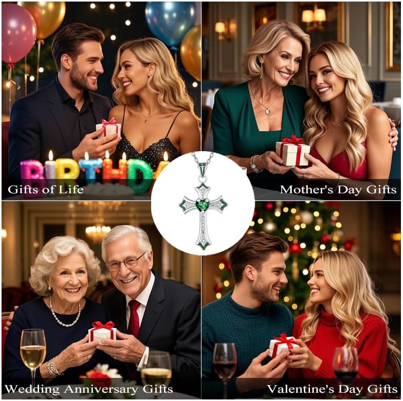 HeartMelody Cross Necklace for Women 18K White Gold Plated Heart CZ Birthstone Cross Faith Pendant Necklaces Religious Christian Jewelry Anniversary Birthday Mother's Day Gifts for Women - Image 6