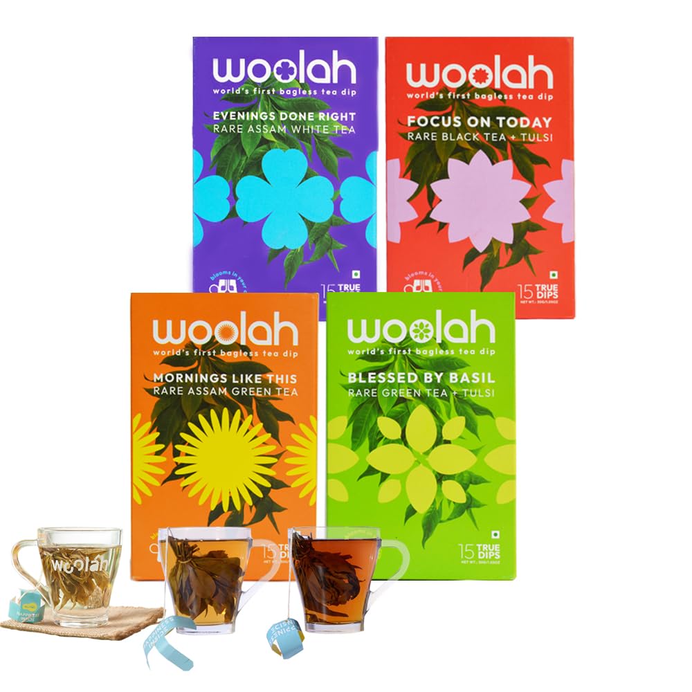 Woolah TRIAL COMBO Packs - 4 Packs - Worlds 1st Bagless Whole Leaf Organic Tea Dip| 60 pcs | Naturally Anti-Oxidant | Relieves Stress | Plastic-free (B0BRHLCWZ9) Amazon Price History, Amazon Price Tracker