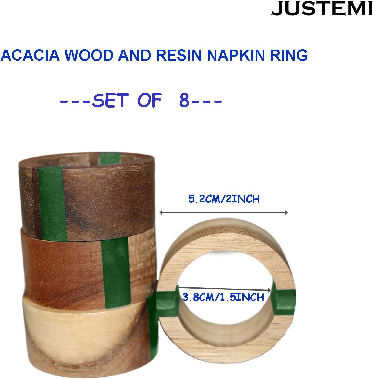 Set di 8 portatovaglioli in legno per la decorazione della tavola da pranzo, in legno di acacia, in resina, blu, per la casa e la cucina (forma rotonda verde)
