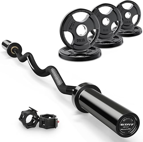 Miniatura 14 de RitFit Barra de rizo EZ de 2 pulgadas con pesas, barra olímpica de capacidad de 350 libras para bíceps y tríceps, entrenamiento de fuerza de