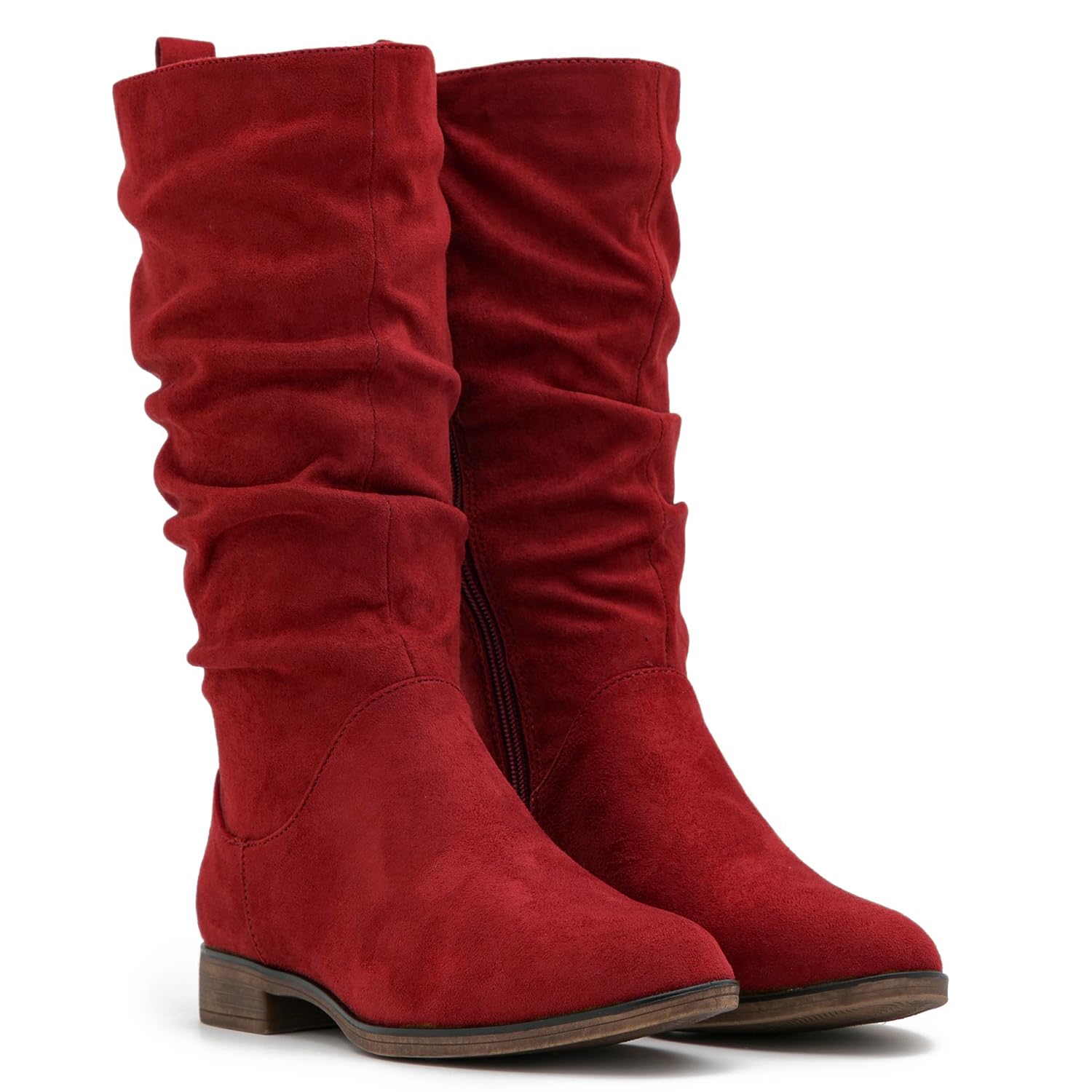 MOOMMO Women Mid Calf Slouch Boots Suede Calf High Boots Flats Flat Heel Long Boots Wide Calf Side
