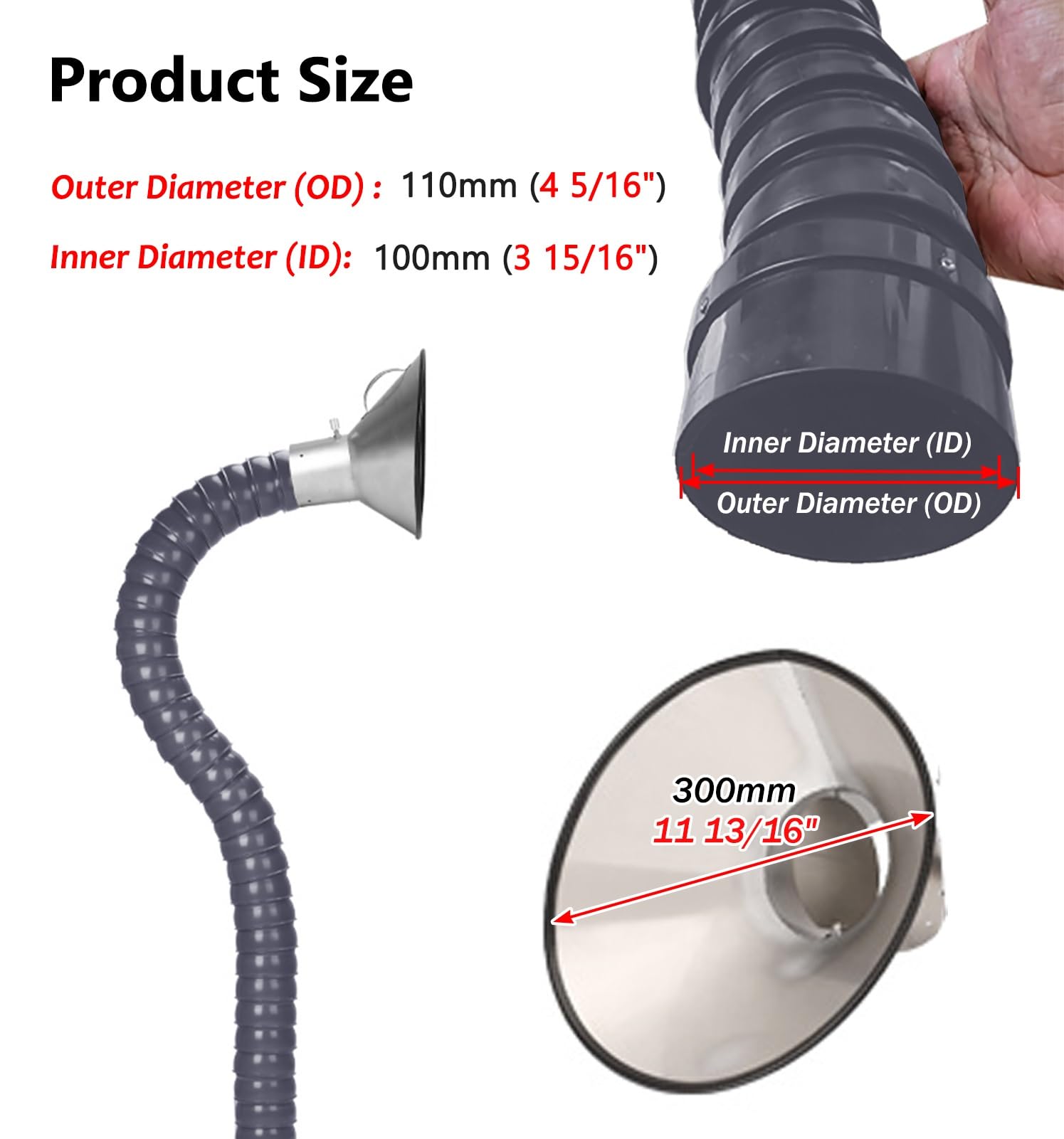 Manguera flexible para extracción de humos industriales, 100 mm x 1 m, tubo de brazo de eliminación de humo y polvo con capucha, solución de filtración de aire de alto rendimiento