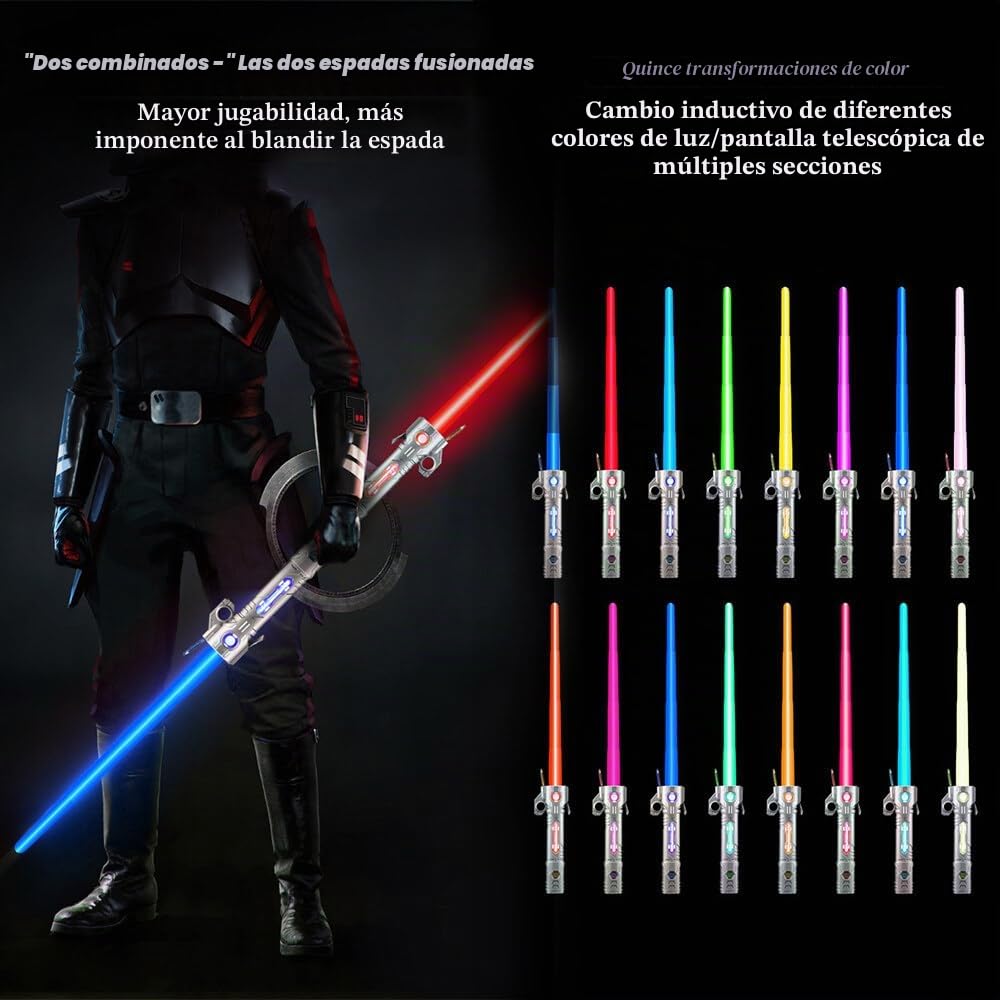 Sable de Luz, Espada Laser Star Wars Niños, 15 Colores Sonido de Combate Simulado, Espada Láser de Star Wars, Sable de Luz Led, Espada Láser Retráctil 2 en 1 para Niños (Mango Plateado)