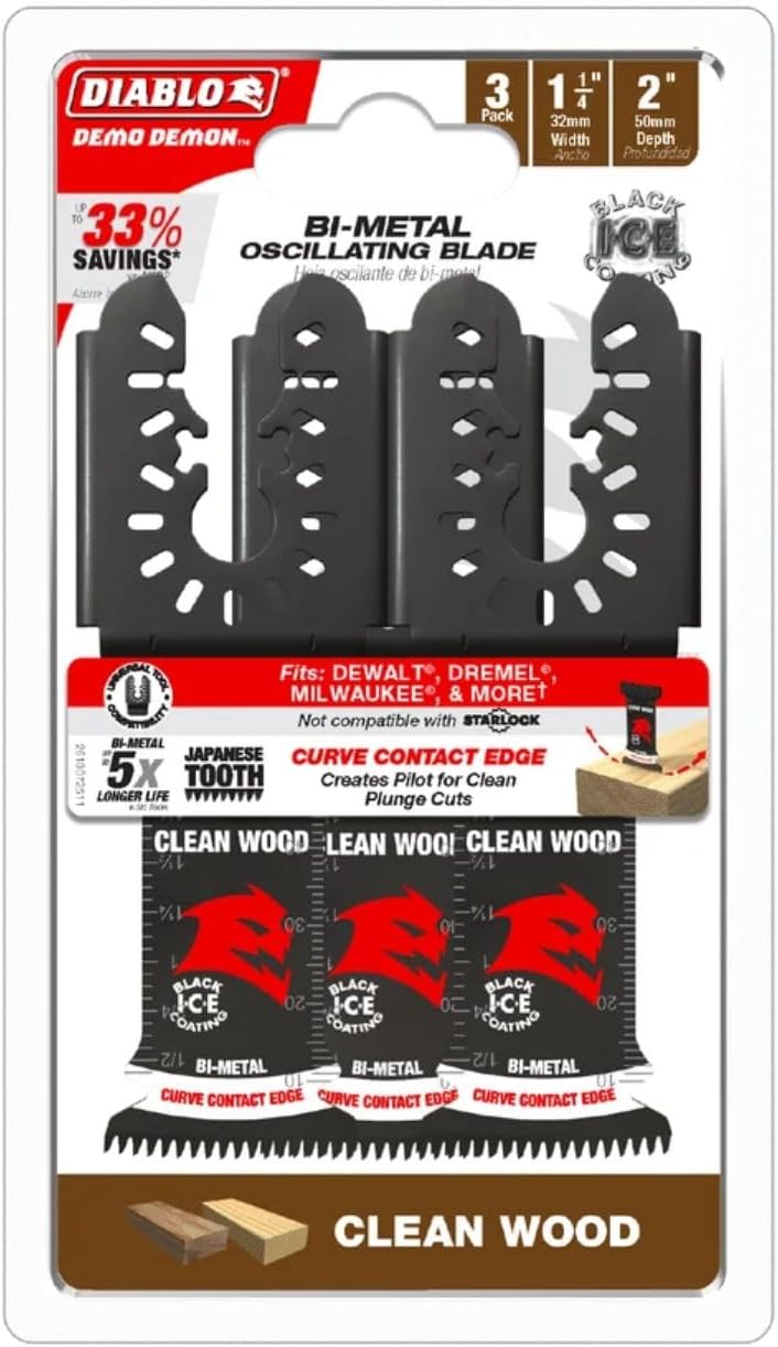 Diablo Demo Demon Universal Fit Bi-Metal Oscillating Tool Blade for Clean Wood - 1-1/4" Cutting Width, 2" Cutting Depth, 3-Pack - DOU125JBW3