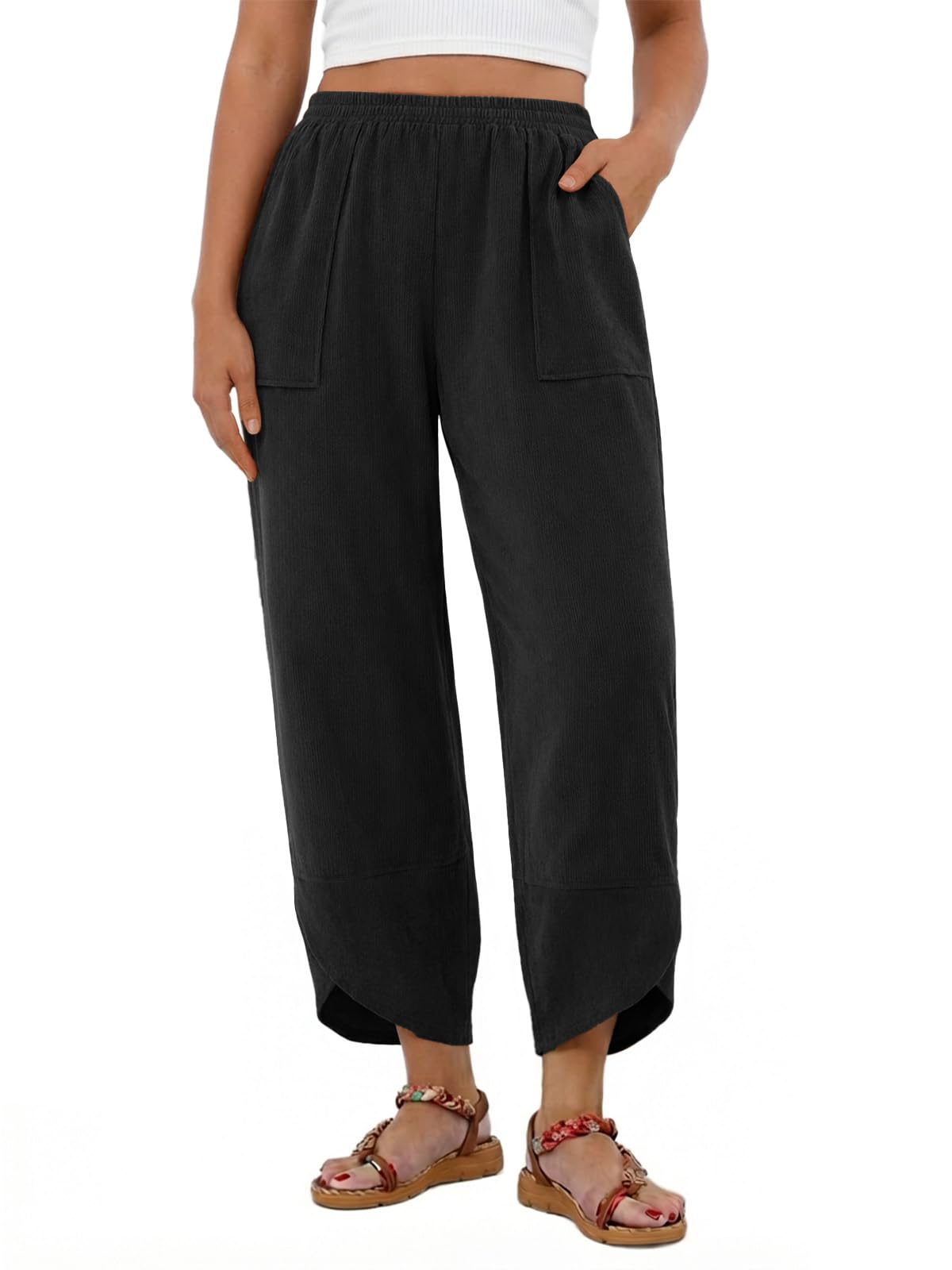 Photo 1 of Feiersi Womens Baggy Wide Leg Pants Elastic Waisted Casual Corduroy Harem Pants Summer Beach Trousers(Corduroy Black,Small)