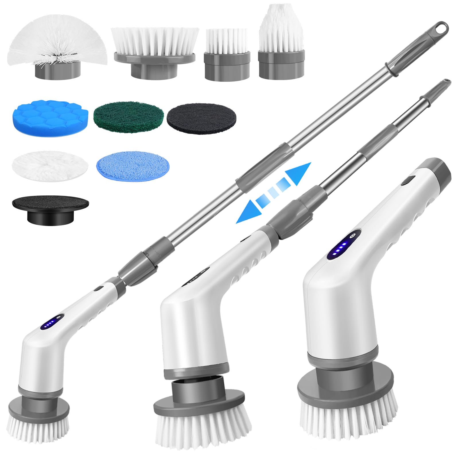 Electric Spin Scrubber, Waterproof Cordless Cleaning Brush, 9 Replaceable Cleaning Heads with Detachable Handle, 2 Speeds & 420RPM Cordless Shower Scrubber for Home/Sink/Tub/Tile