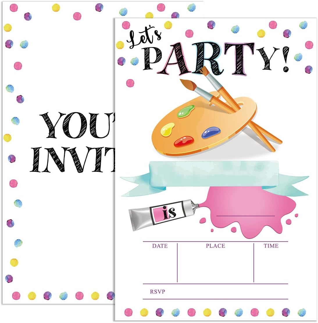 UDNADKEX Art Birthday Invitations Girl with Envelopes, Invites for Girls Art Theme Birthday Party Painting, Paint Birthday Party Invitations Cards, 4"x6" Set of 20, Let's Party