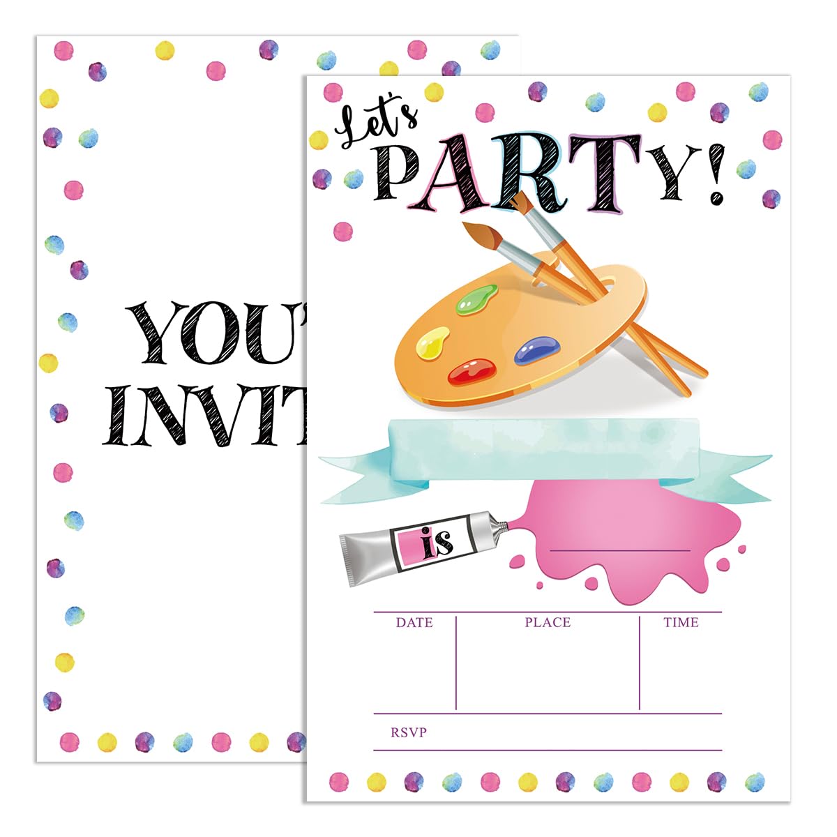 UDNADKEX Art Birthday Invitations Girl with Envelopes, Invites for Girls Art Theme Birthday Party Painting, Paint Birthday Party Invitations Cards, 4"x6" Set of 20, Let's Party