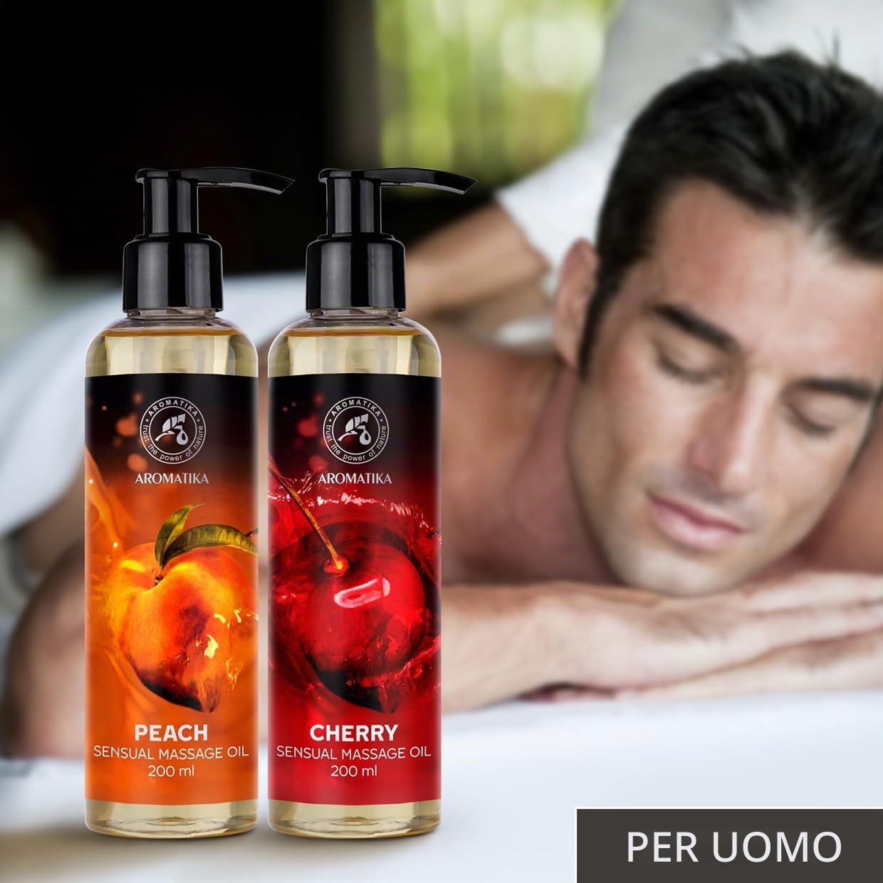 Sensual Massage Oil Set 2x200ml - Pesca e Ciliegia - Olio da massaggio commestibile e baciabile - Miscela di oli di mandorle e vinaccioli e macadamia - Olio per il corpo per lui e lei - per coppie
