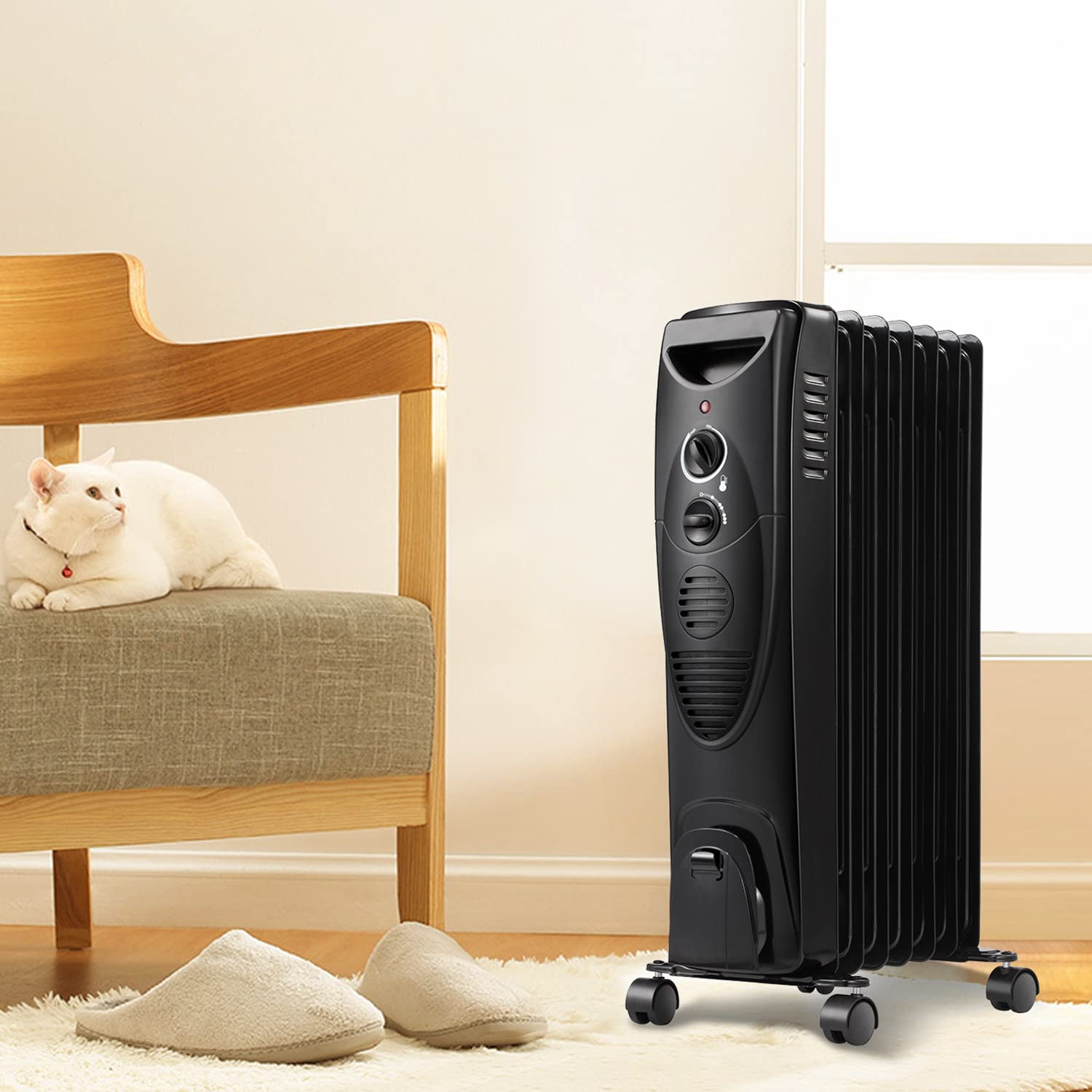 ZAFRO Oil Filled Radiator Heater, 1500W Portable Electric Oil-Filled Radiant Heater with Adjustable Thermostat, Oil Heater with 3 Heat Settings, Space Heater with Tip-Over & Overheat Protection for Indoor, Room, Office and Home (Black)