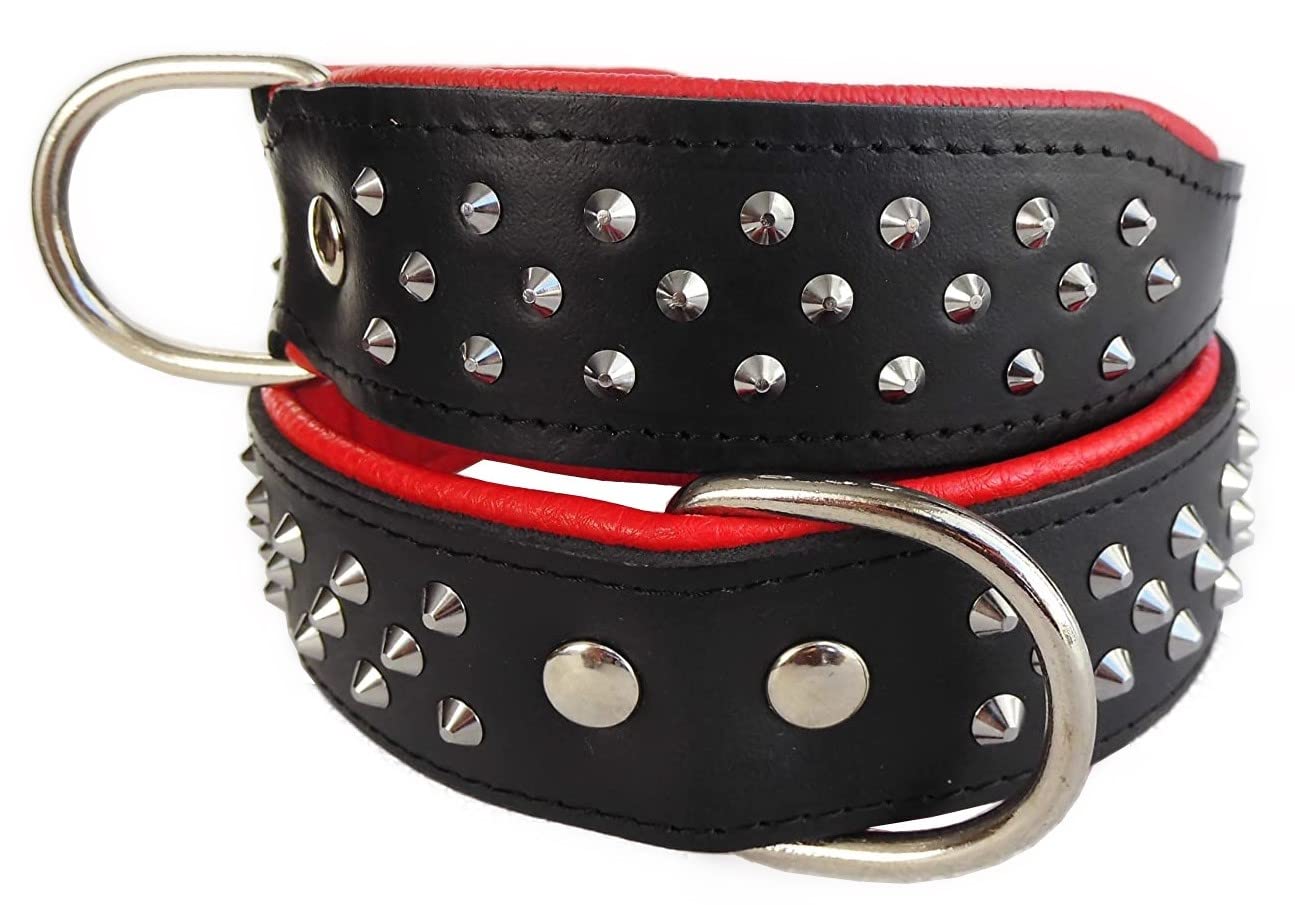 Leder Halsband - Hundehalsband, Nieten, Halsumfang 33-41cm, Schwarz-Rot, NEU (PL.702-1282)