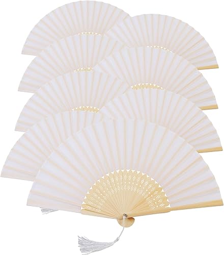 Ventilador plegable de bambú de seda blanca, 8 piezas, ventilador plegable de mano, accesorios de baile nupcial, regalos de boda, regalos de fiesta,