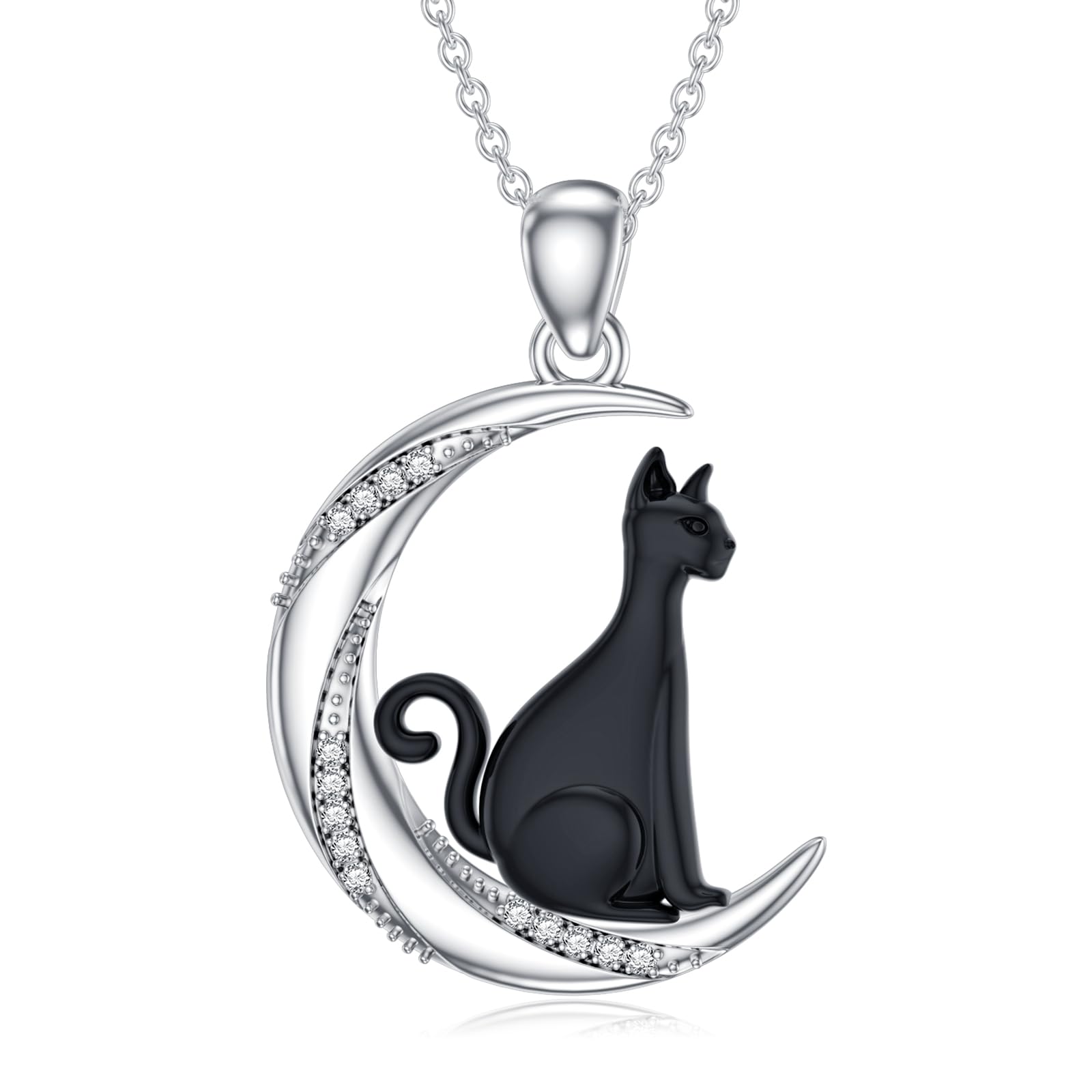 Sonouli Diamond Black Cat Moon Necklace Sterling Silver Black Cat Pendant Necklace Gift for Women