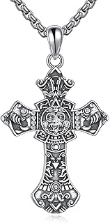 Mayan Cross Necklace Sterling Silver Aztec Mayan Calendar Pendant Religious Jewelry Mayan Gifts for Women Men