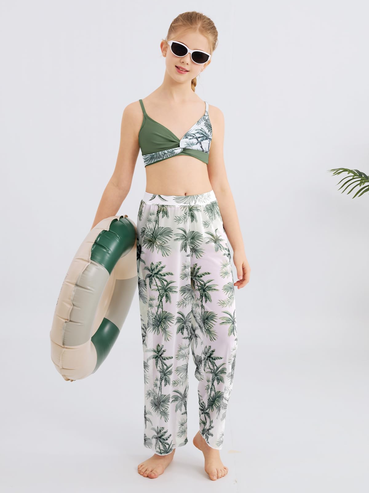 ESHOO Girls Swimsuit 3 Piece Bikini Bathing Suit Criss Cross Tropical Floral Swimwear Quick Dry Cover Up Pants 9-16Y