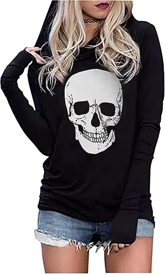 Skull Hoodie Tshirt Women Vintage Gothic Graphic Tees Halloween Hoodies Casual Fall Long Sleeve Pullover Tops