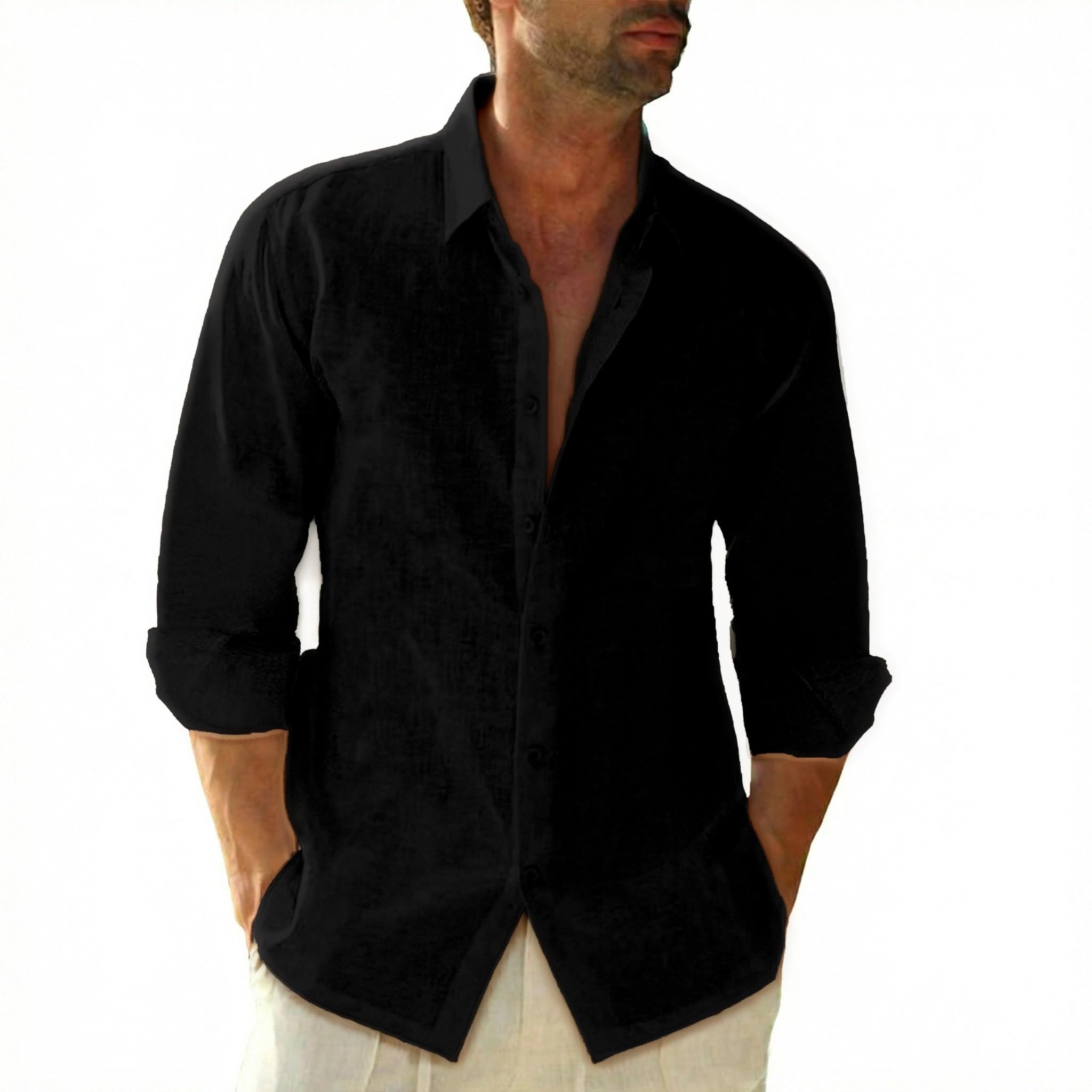 SEAYIJIA Leinenhemd Herren Langarm Baumwolle Leinen Hemden mit Tasche Freizeit Strandhemd Regular Fit Sommerhemd