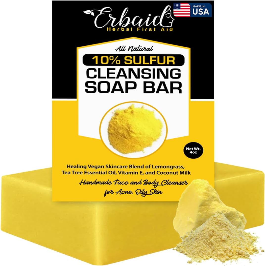 (118ml (Pack of 1)) - 10% Sulphur Soap Cleansing Bar for Face & Body - All Natural Facial Cleanser for Acne, Oily Skin - Healing Skincare Blend of Lemongrass, Tea Tree Essential Oil, Vitamin E, Coc...