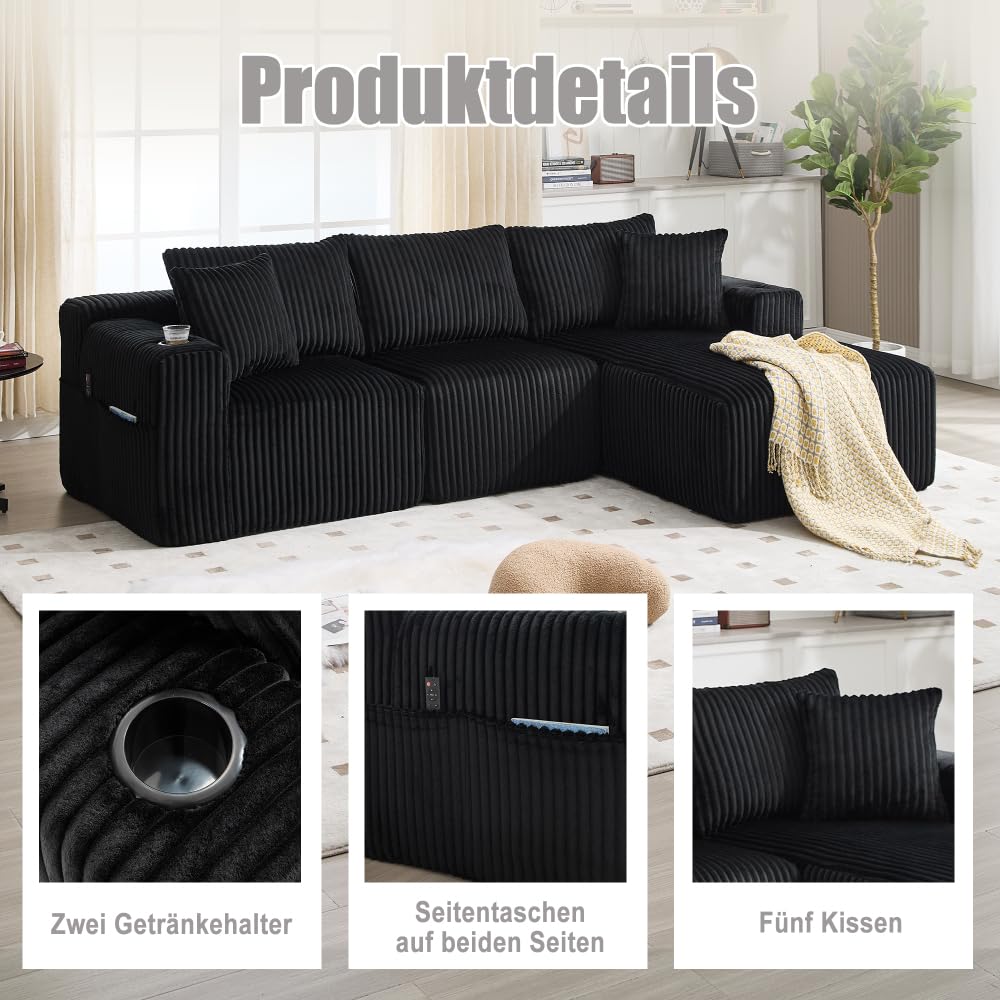 I0I&I0I Ensemble canapé modulaire avec méridienne et housse en velours côtelé 2 places avec 5 coussins porte-gobelets, pour le salon, l'appartement (noir + Corduroy + 3 sièges + mousse)