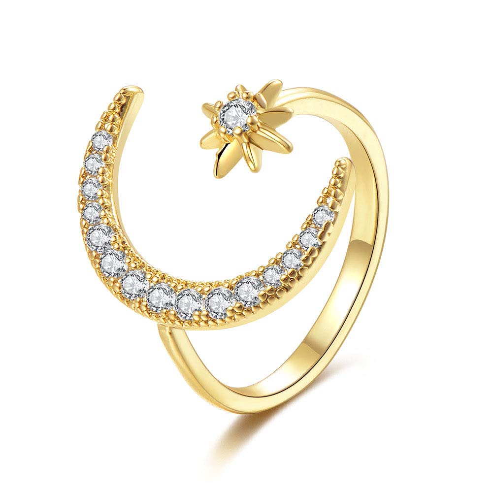 FUTIMELY Moon Crescent Star Ring for Women Adjustable Moon Sun CZ Statement Ring Dainty Crystal Crescent Finger Ring