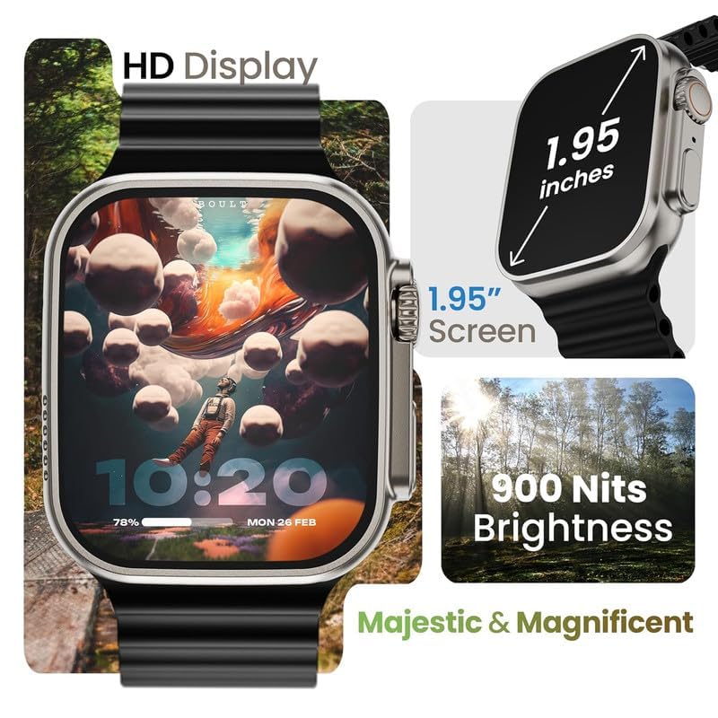 Smart Watch display showing 1.95 inches screen size and 900 Nits Brightness
