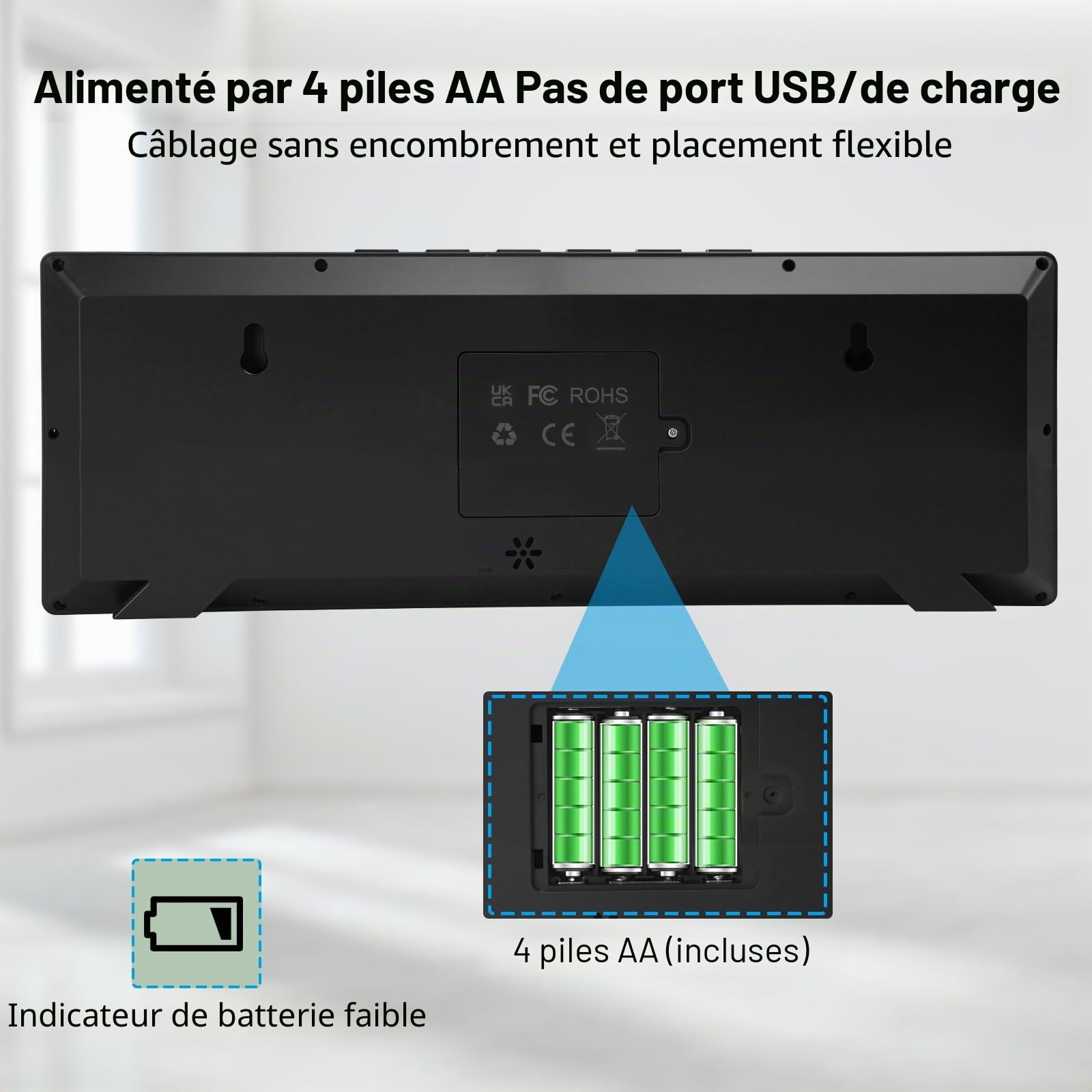 XREXS Horloge Murale Numérique 14,5 Pouces Heure Calendrier Température DST Piles Noir