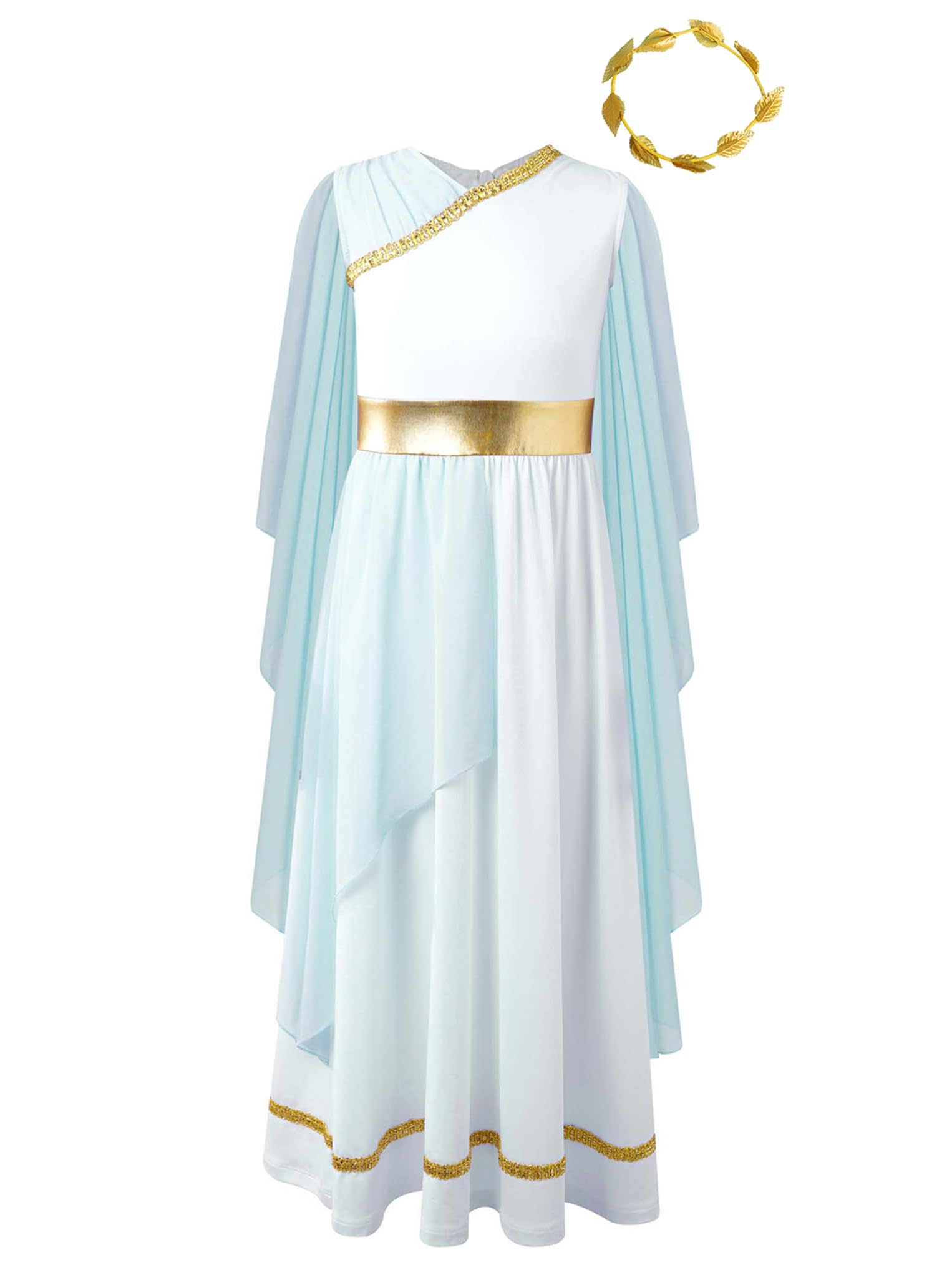 Oyolan Kids Girl's Greek Toga Roman Princess Dress-up with Headband Set Ancient Greece Mythos Philosopher Grecian Outfit Light Blue 5-6 Years