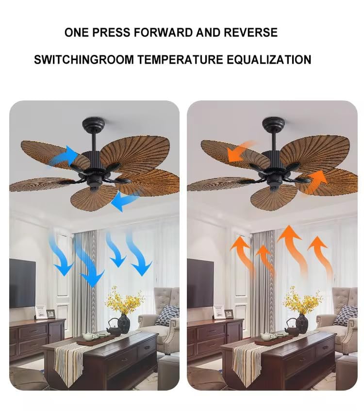Image of Tropical Palm Leaf Ceiling Fan, 52-Inch, Bronze with Wooden Brown Blades, Indoor Decor, Remote Control Decorative Ceiling Fan|Casablanca