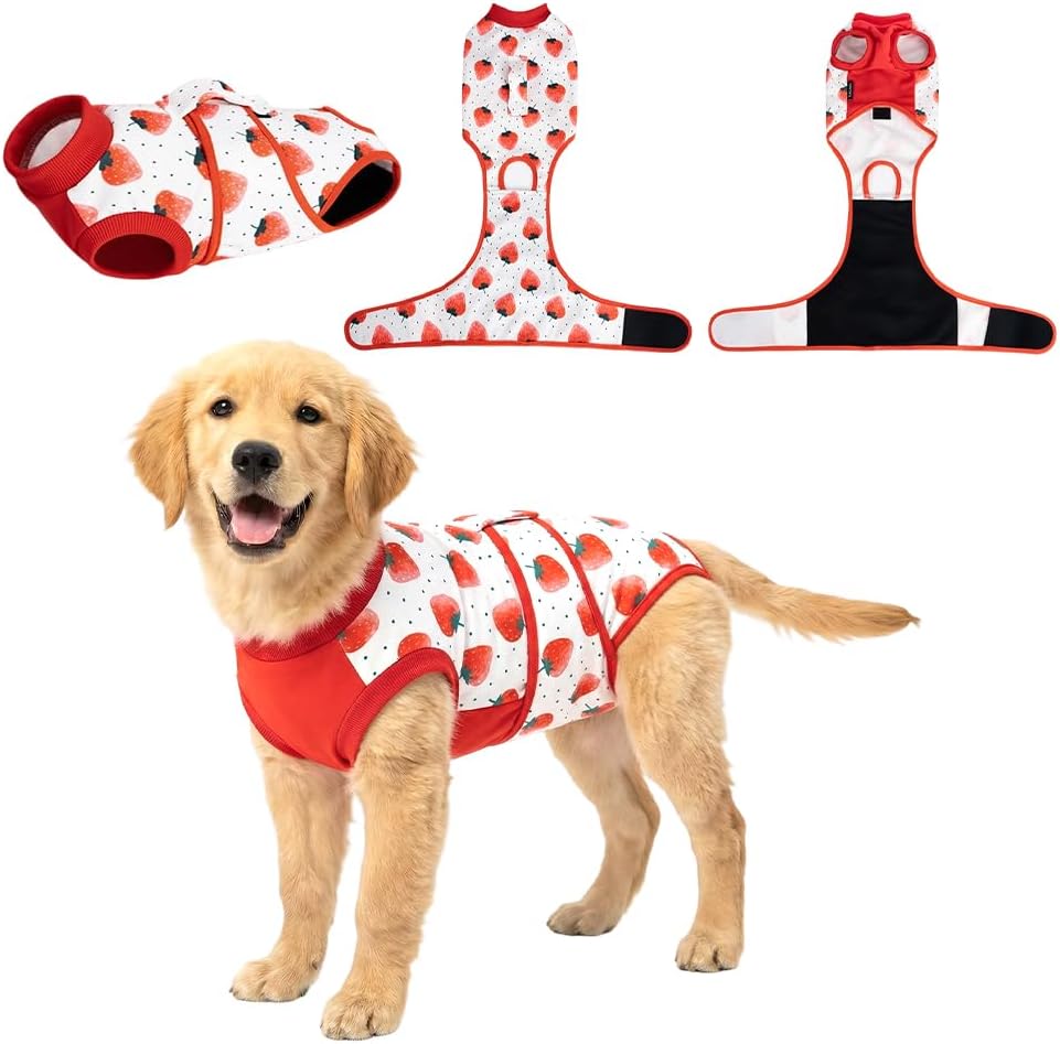 Recovery Suit for Dogs Cats After Surgery, Professional Pet Recovery Shirt Dog Abdominal Wounds Bandages, Alternative Bandages (Red, L(Back:16.1-20.1'', Weight:23-48 LB))