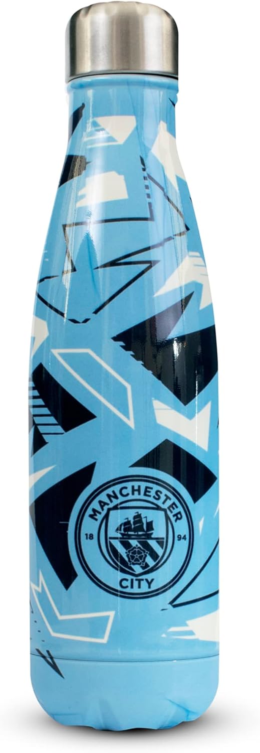 Man City water bottle: WATER BOTTLE 700ML METALLIC FLASK FOOTBALL GIFT