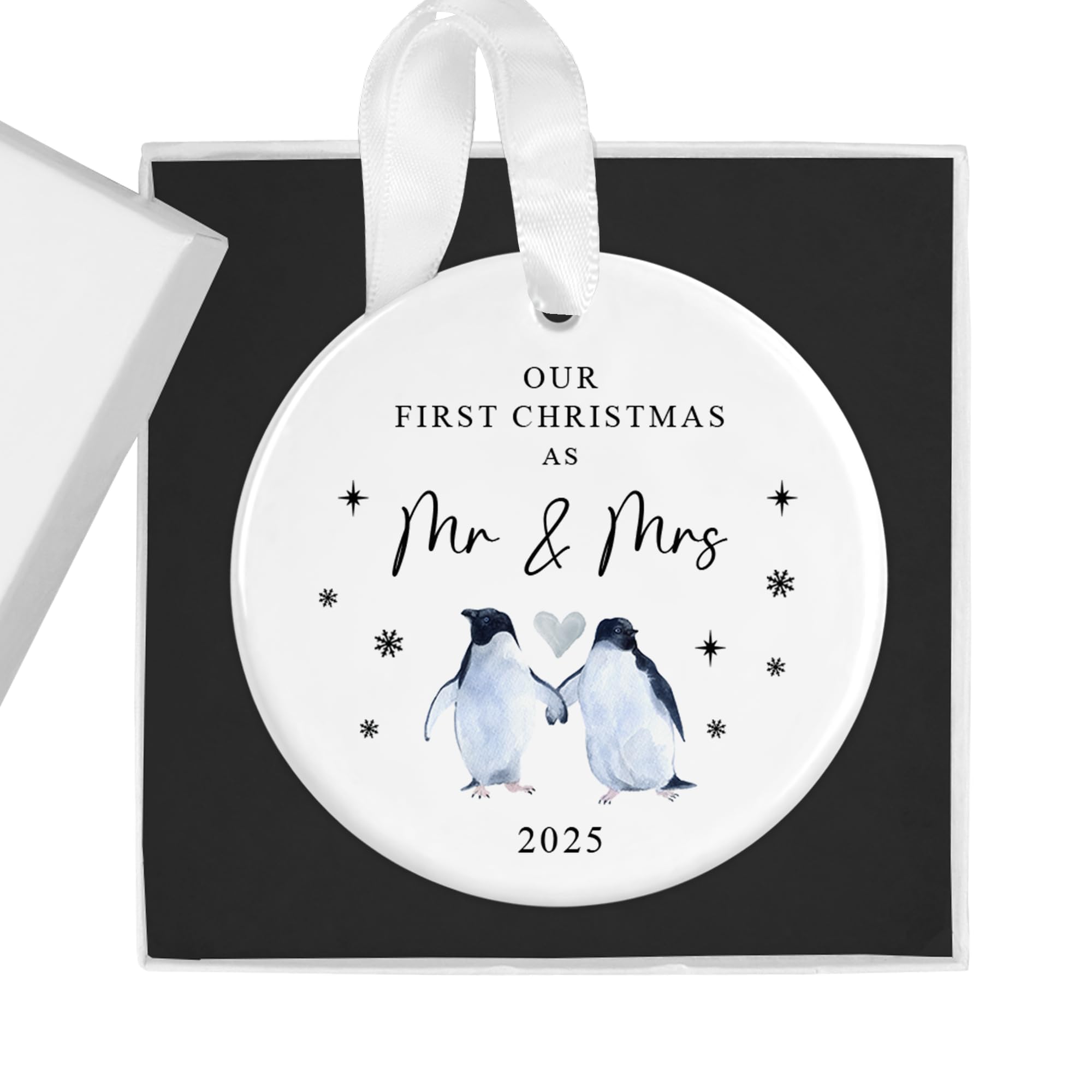 "First Christmas as Mr & Mrs" Watercolour Penguin Design Ceramic Bauble, Gift Boxed - Ideal Keepsake for Newlyweds' 1st Christmas Married